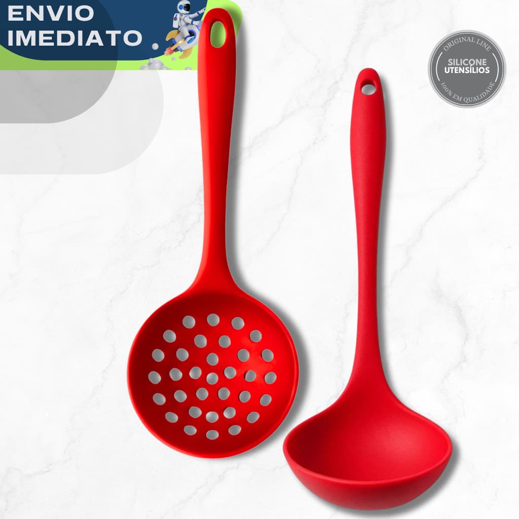 PROMOÇÃO Concha + Escumadeira Silicone Premium Utensílios Caldos Frituras Feijão Arroz Cozinha Antiaderente Restaurante