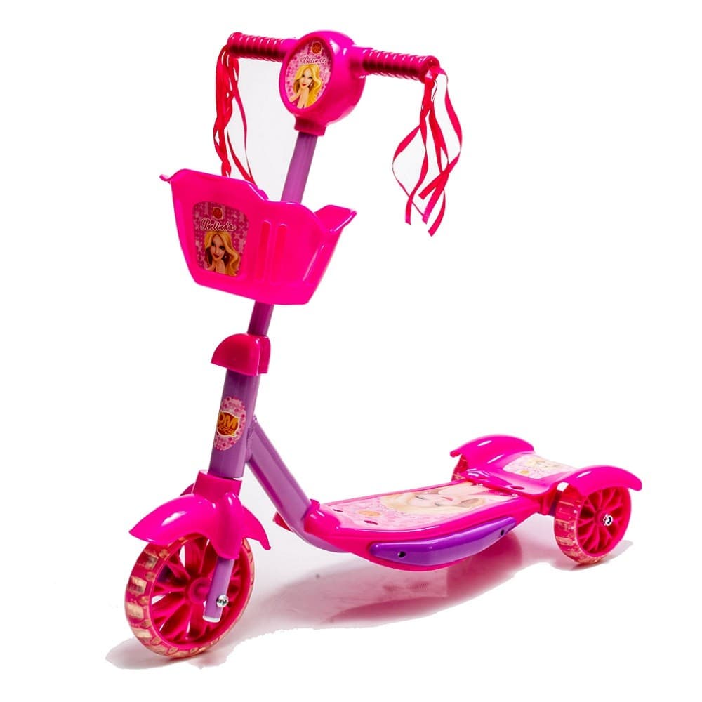 Patinete Infantil Cesta Rosa Belinda Luzes 3 Rodas e Freio