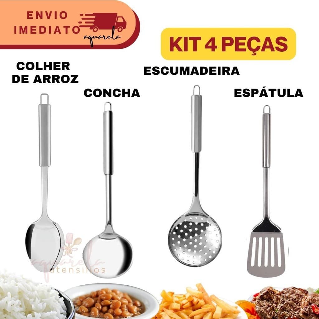 Kit 4 Peças para Cozinha INOX Espatula Escumadeira Colher de Arroz Concha Louça Casa