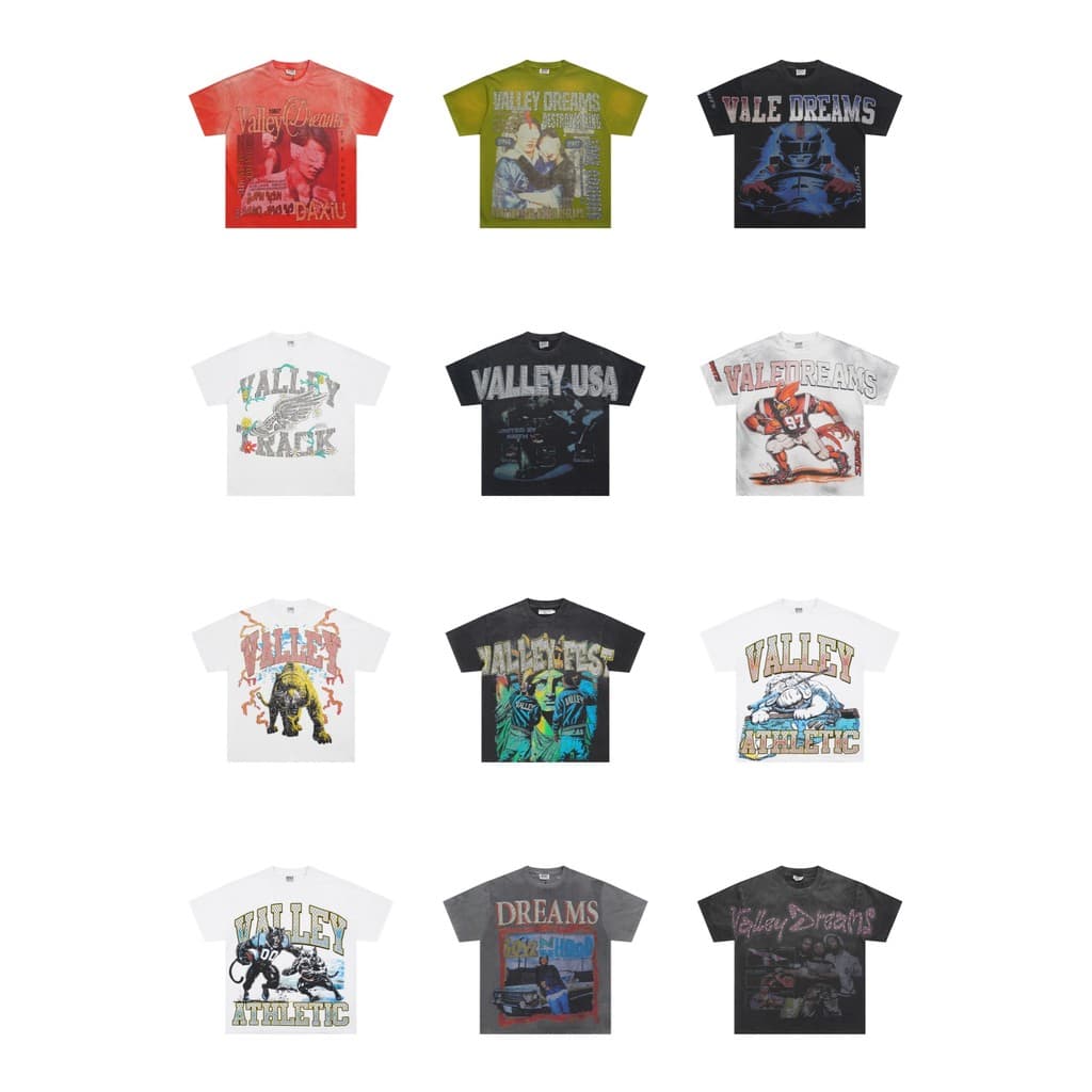 2025 Vale Camiseta American Street Lavagem Distressed Diamante Retro Puro Algodão Manga Curta VALLEY