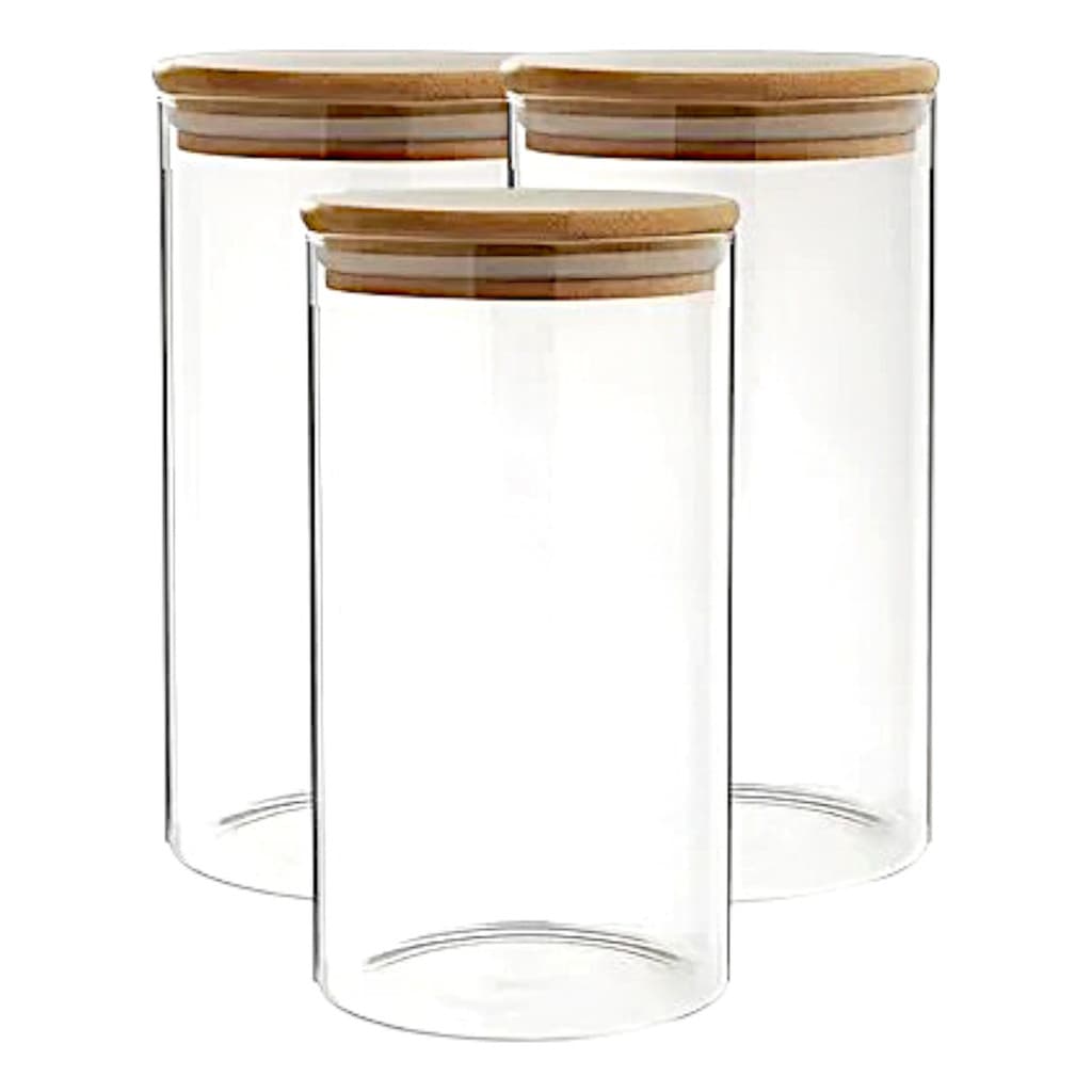 Kit 3 Potes De Vidro Hermético Com Tampa De Bambu Porta Alimentos e Condimentos 1 Litro