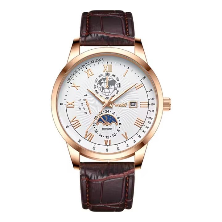 Relógio De Pulso Masculino De Quartzo Couro Sintético Poshi Correia Marrom Bisel Dourado Fundo Branco