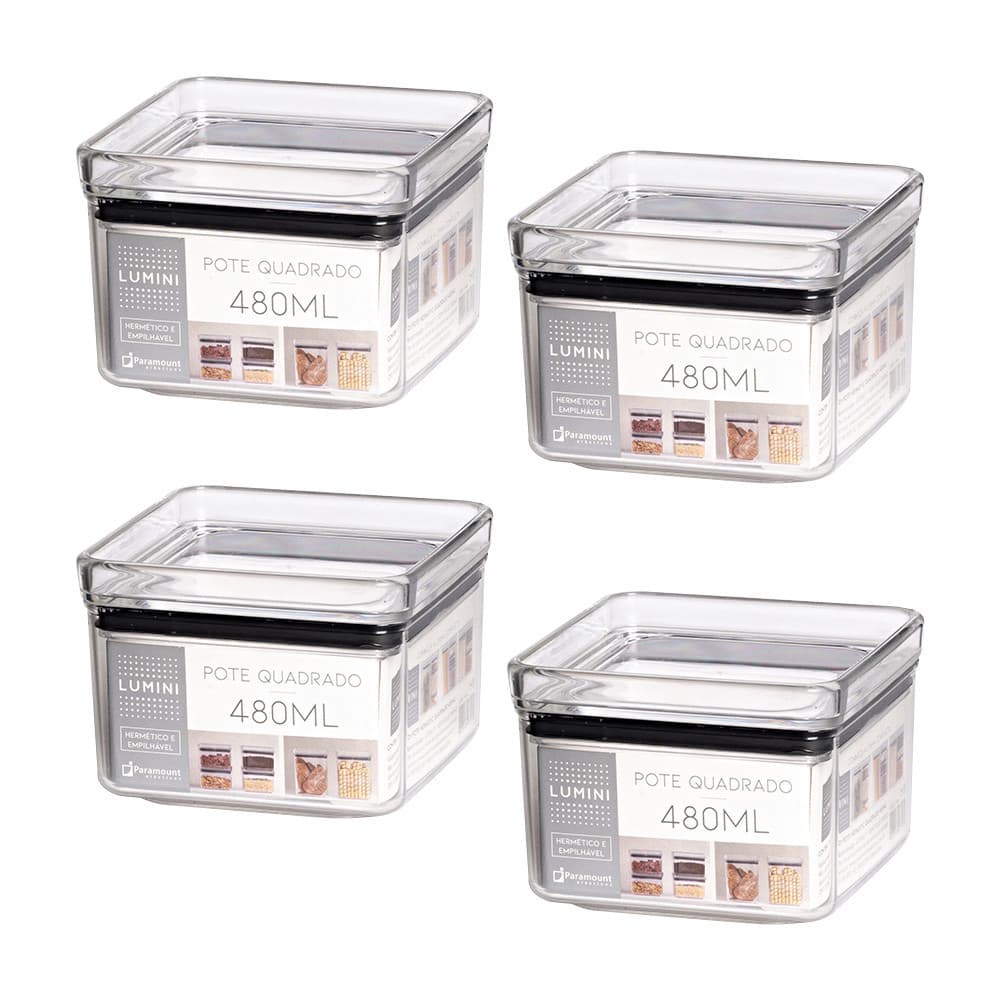 Kit 4 Potes Herméticos Transparente Quadrados Organizadores Multiuso 480ml
