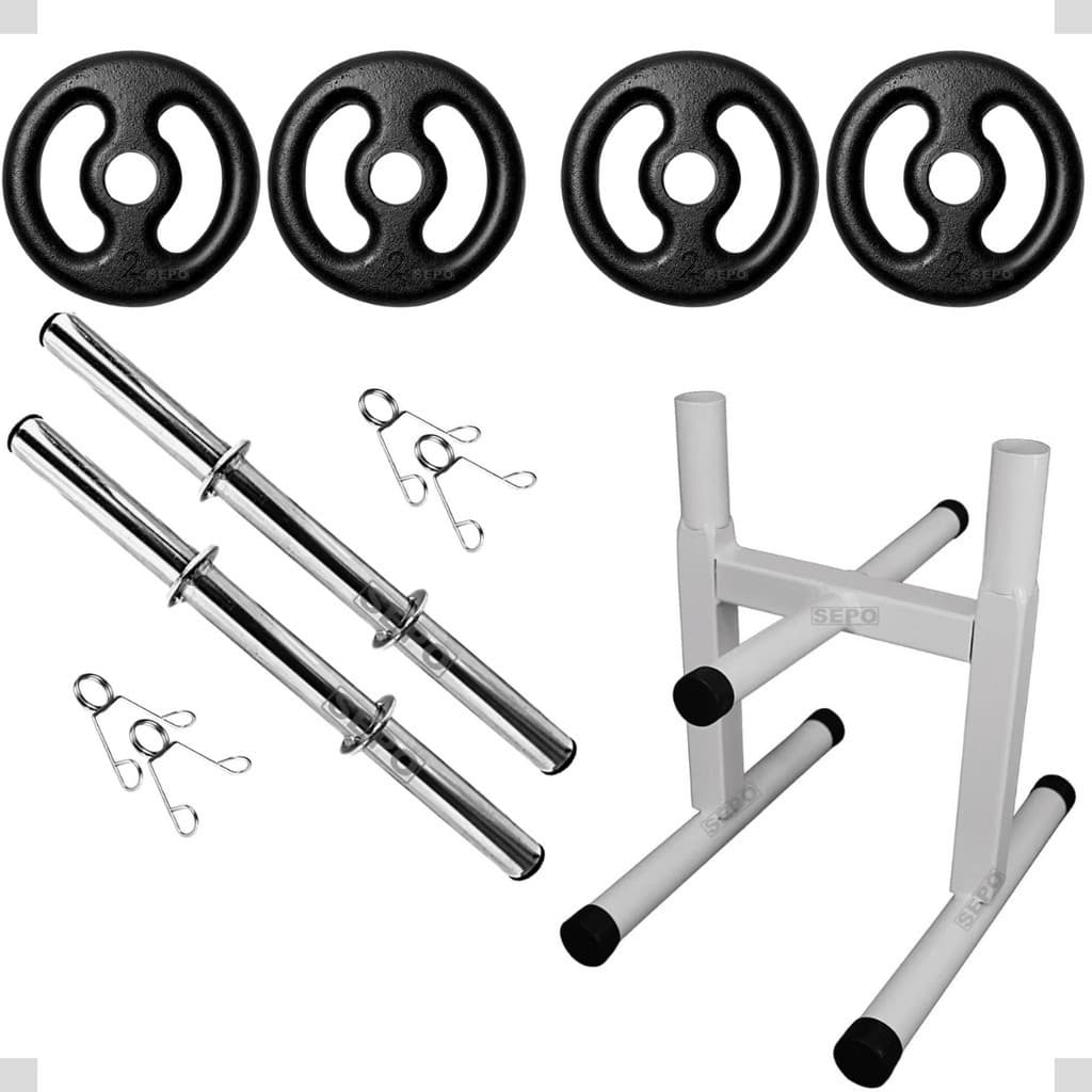 Kit Anilhas 2Kg com 2 Barras 40Cm Prata e suporte Anilhas