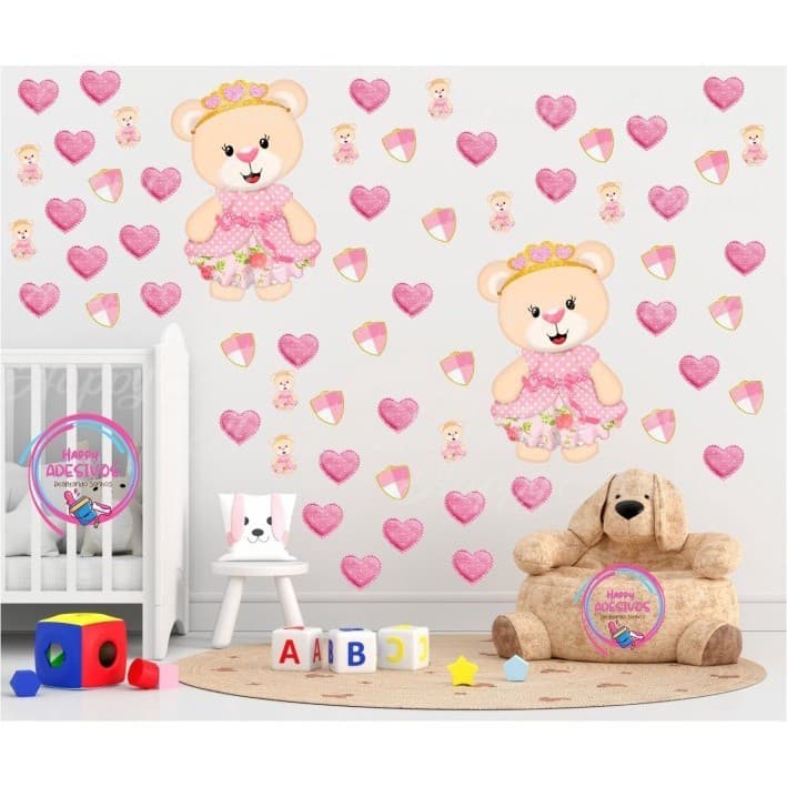 Adesivo Decoração Papel de Parede Ursinha Princesa Rosa Coração Ursa Baby DCM