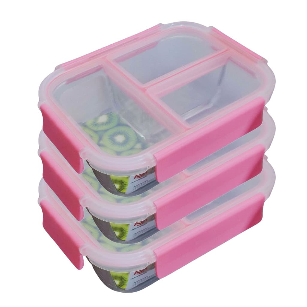 Marmita de Vidro Kit 3 Pote Hermético 3 divisórias Tampa com Trava Geladeira Freezer Micro Cozinha