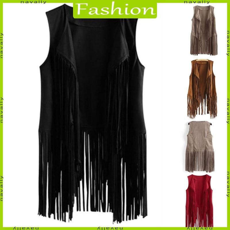 nava Feminino Camurça Sintética Étnica Mangas Para Jaqueta Longa Franja Borlas Hippie Frente Aberta Cardigan Colete