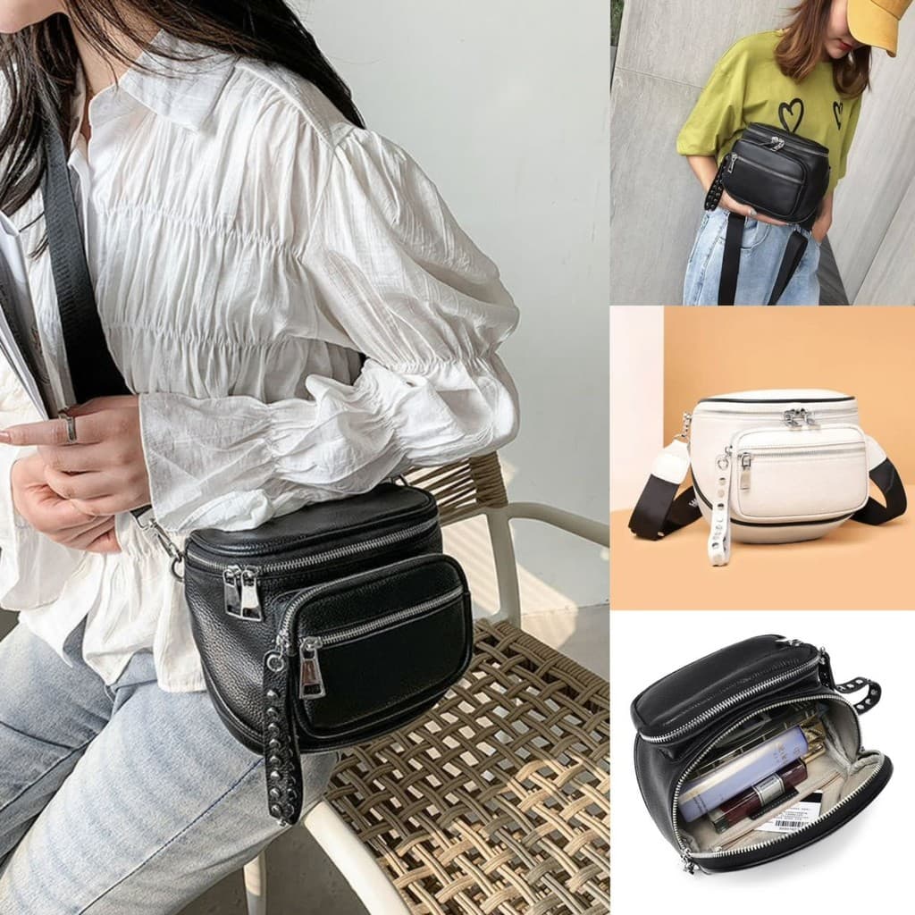 Bolsa Feminina Em Couro Pu Transversal Tipo Pochete Estilosa Moderna Blogueira Com Alça Textil