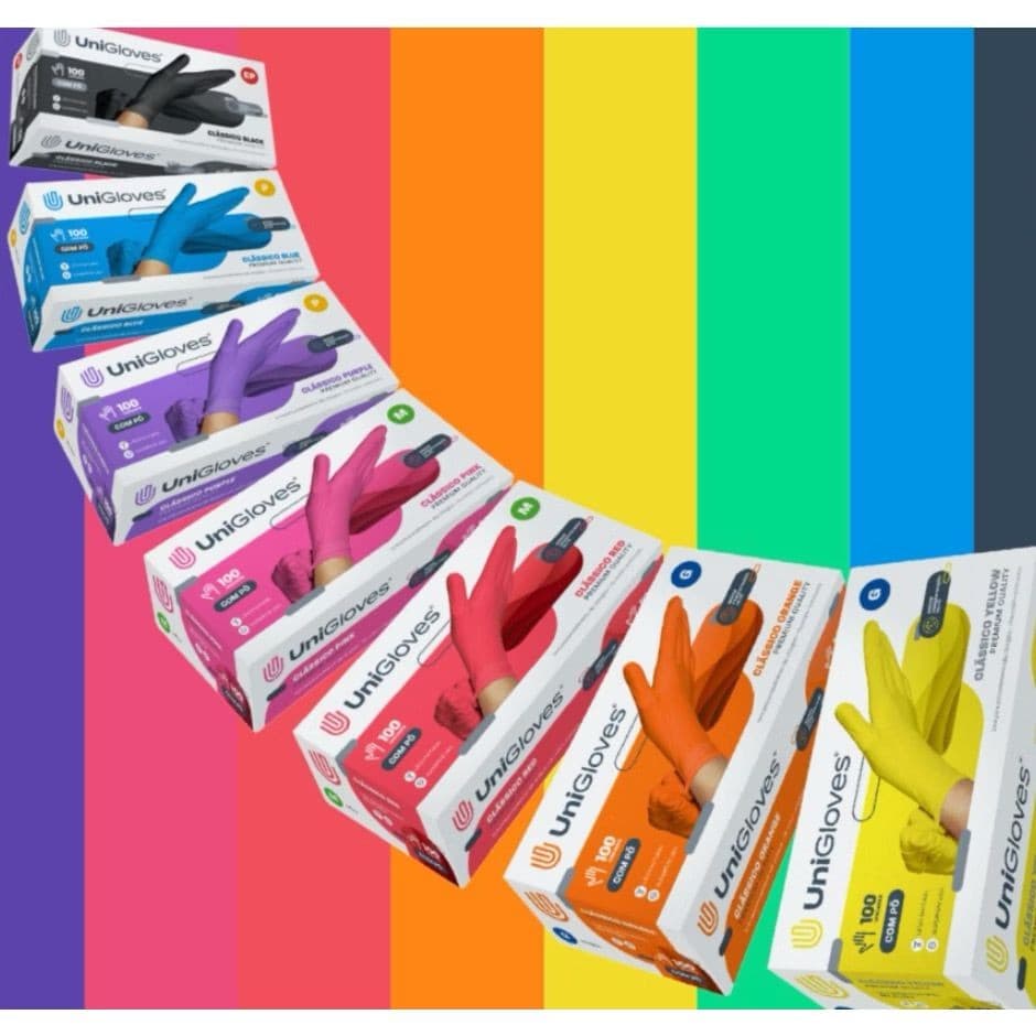 Luva Descartável de Procedimento Roxa, Pink e Preto c Pó - Unigloves - Cx com 100un - CORES DIVERSAS