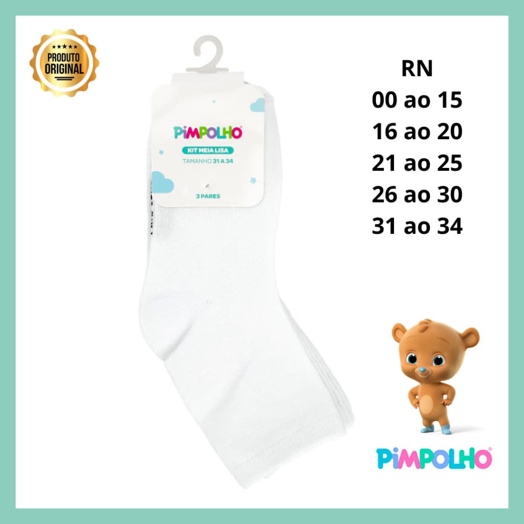 Kit 3 pares de meia branca cano alto unissex Pimpolho