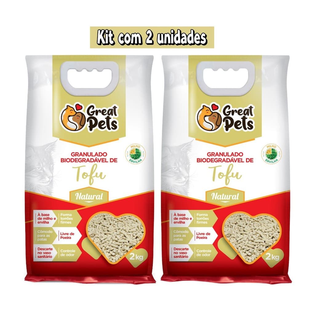 Kit 2 Areia Higiênica Granulado Biodegradável Tofu Natural para Gatos Great Pets Torrões Firmes 2kg