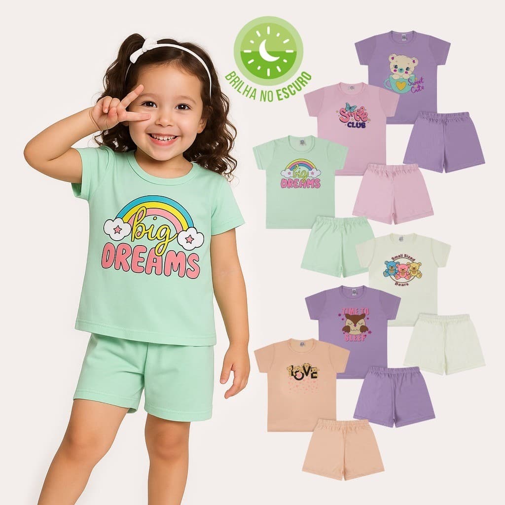 Conjunto Sortido 2 Peças Pijama Infantil Menina Brilha no Escuro 1 Camiseta + 1 Short