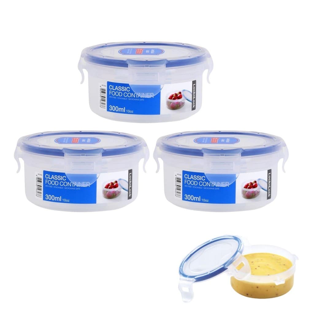 Kit 3 potes herméticos redondo com fechamento 4 travas Lock&Lock 300mL