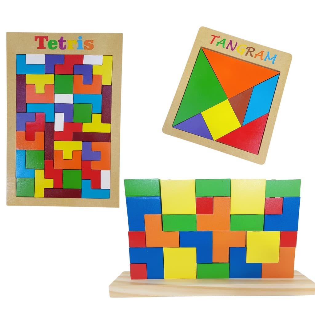 Jogos de Encaixe em Madeira,Tetris 40 Peças , Tangram e Tetris Vertical