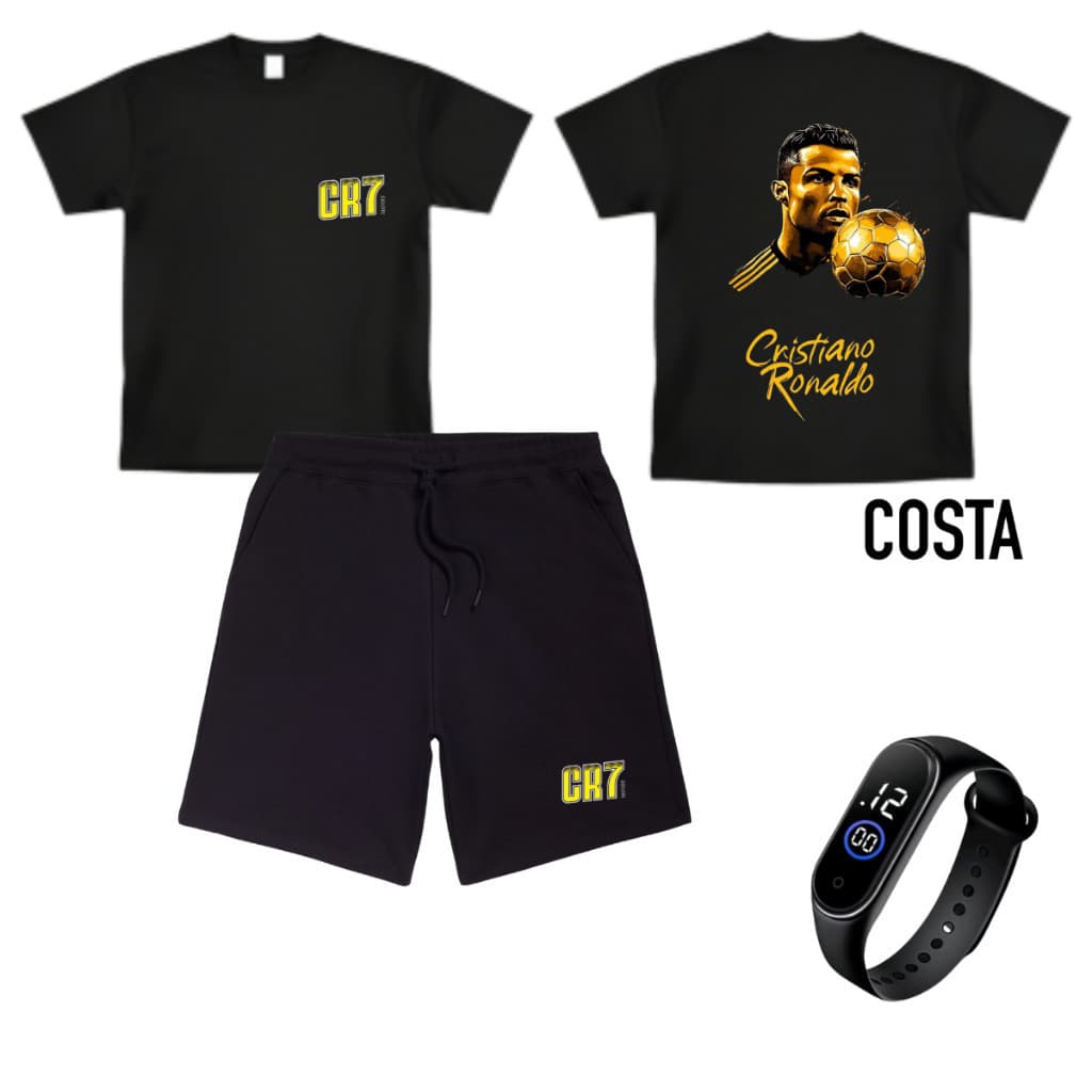 CONJUNTO INFANTIL CAMISETA E BERMUDA CR7 CRISTIANO + RELOGIO