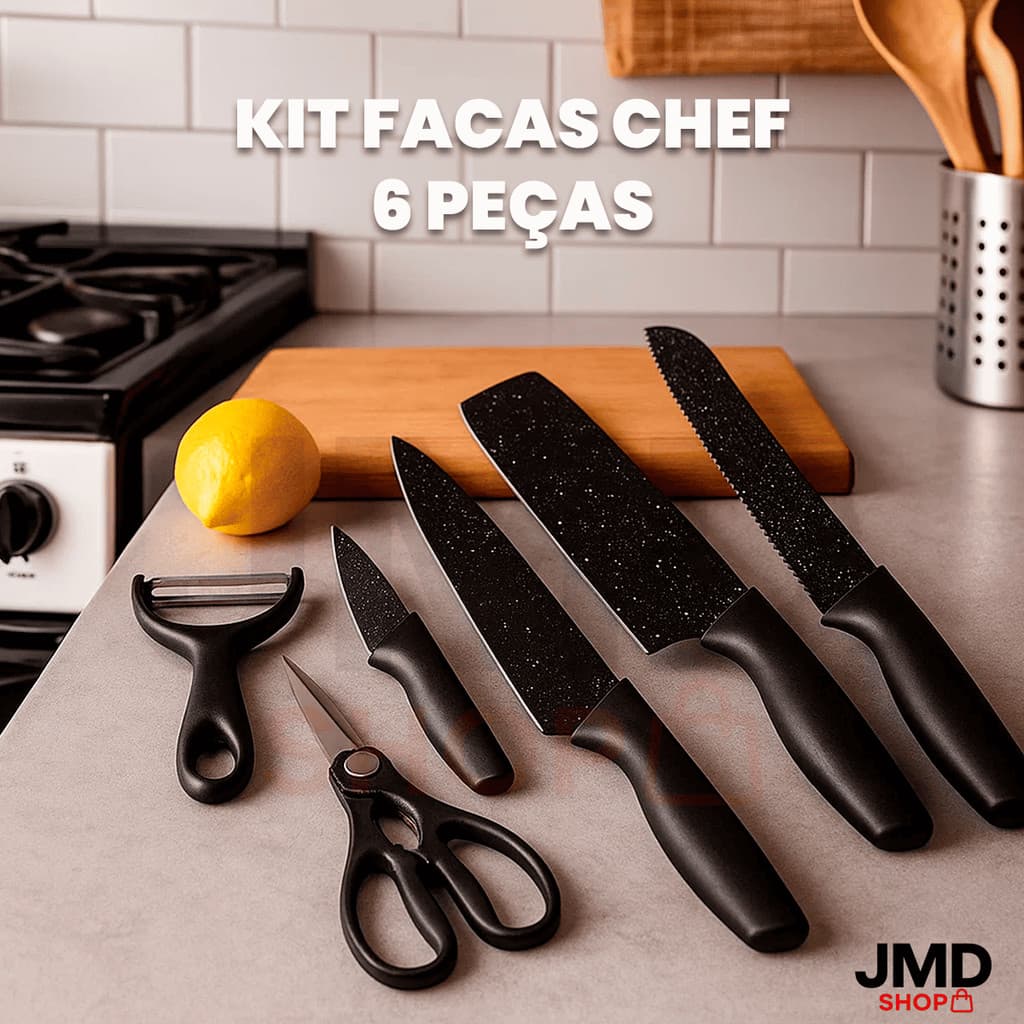Jogo De Facas Chef 6 Peças Preto Cozinha Em Aço Inox Churrasco Legumes