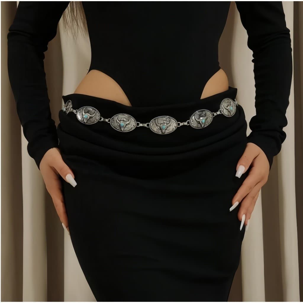 Cinto de Corrente Country com Fivela Oval Turquesa Criativa e Fashionável Daiana