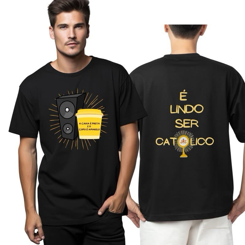 Camiseta Premium em Algodão Puro Camiseta T-shirt Unissex Católica Frei Gilson Caixa Preta Copo Amarelo é Lindo Ser