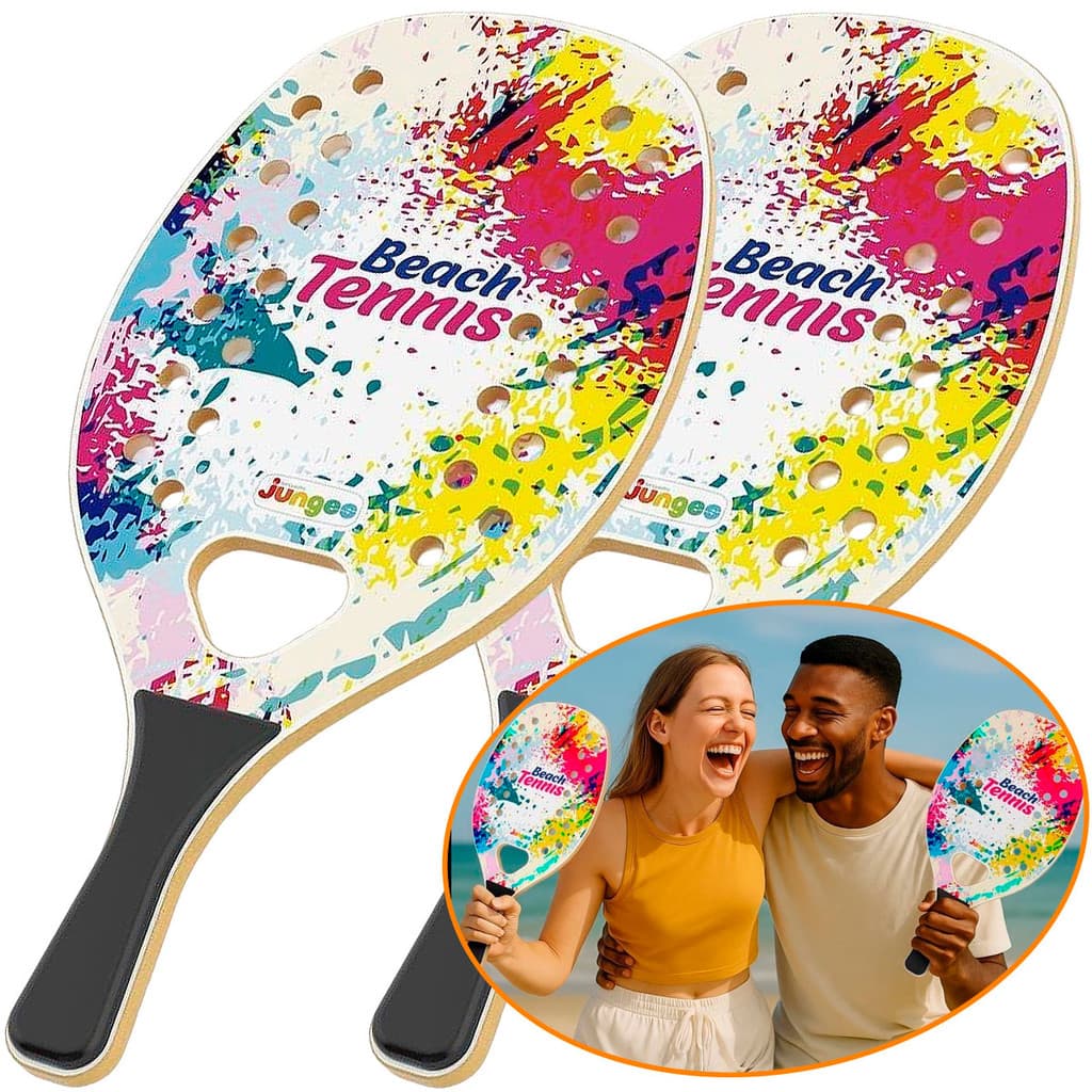 Kit 2 Raquete de Beach Tennis Frescobol Infantil Junges Brinquedo Madeira Praia