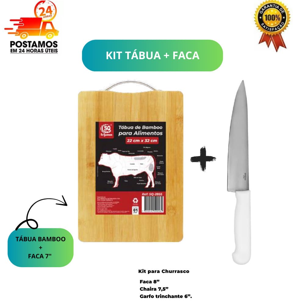 Kit Tábua de Bambu 22x32+Faca Inox 7”  Variações: Só Tábua, Só Faca, Kit Completo. Churrasco cozinha