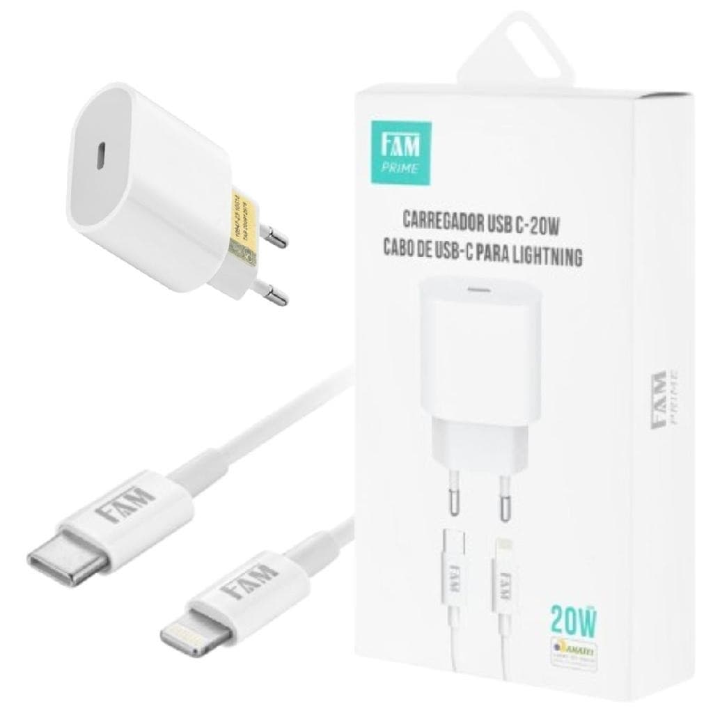 Kit FAM Carregador De Parede USB-C + Cabo De Carregamento USB Tipo C E USB Lightning FKT-PD525 Branc
