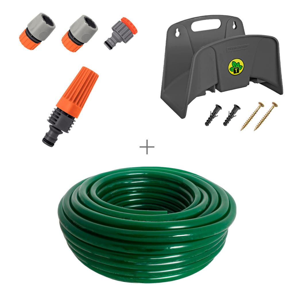 Kit Mangueira Siliconada Verde 50m Esguicho, Engate Rapido Esguicho Engate Rapido e Suporte Tramontina