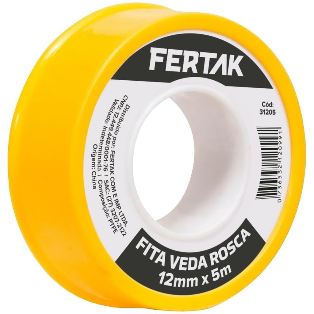Fita Veda Rosca Teflon 12mm x 5m Fertak Fita de Vedação para Conexões de Encanamento Torneiras Hidráulica Casa