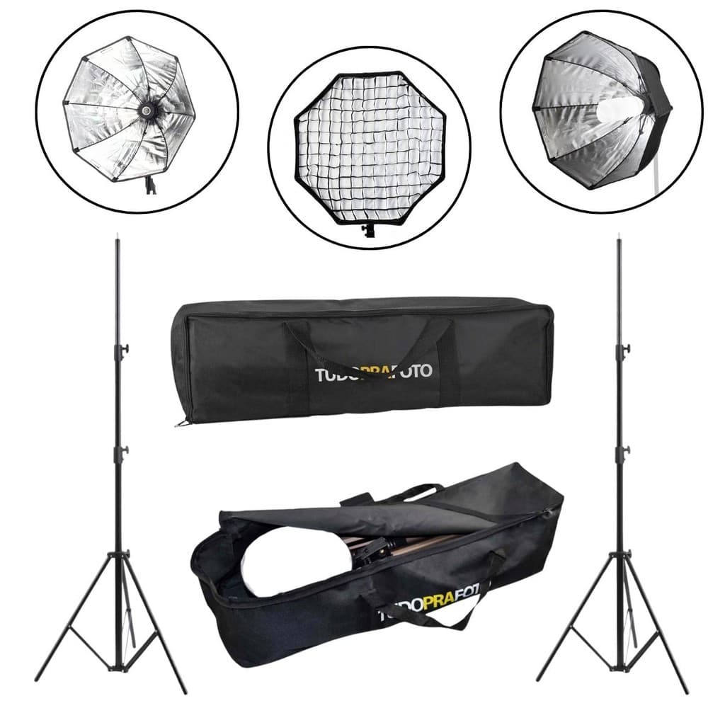 Kit Estúdio Fotográfico 2 Octabox Softbox 55cm Completo  com Grid, Soquete E27 Tripé e Bolsa - 5 peças