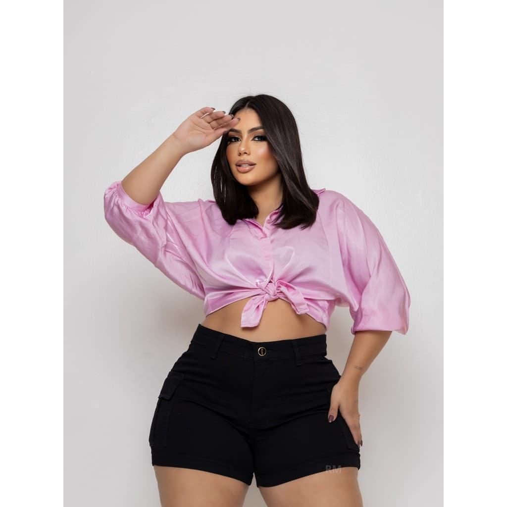 SHORT JEANS FEMININO CARGO PLUS SIZE C/ LYCRA CINTURA ALTA PRETO Moda Feminina
