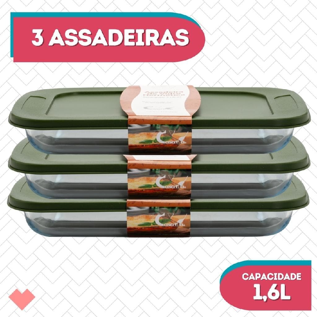 Conj 3 Travessa Refratário Oval C Tampa 1,6L Vidro Hermético