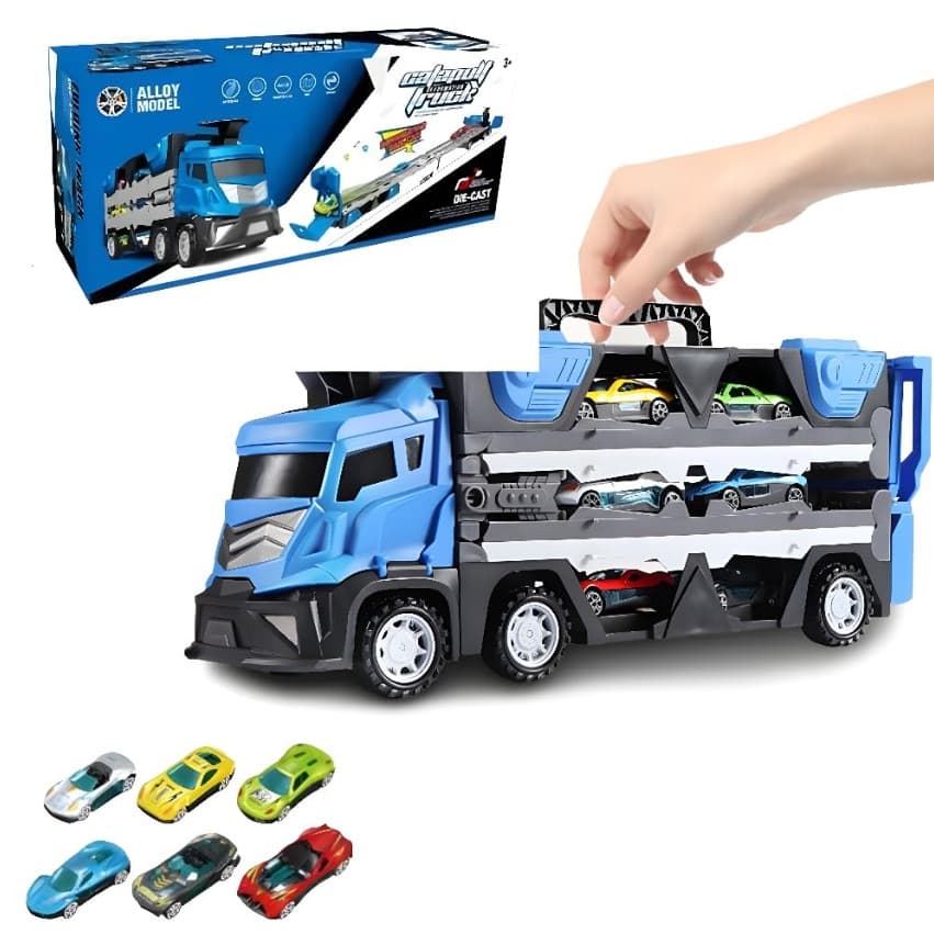 Brinquedo Carreta Cegonha Azul Dobravél Com 6 Carrinhos
