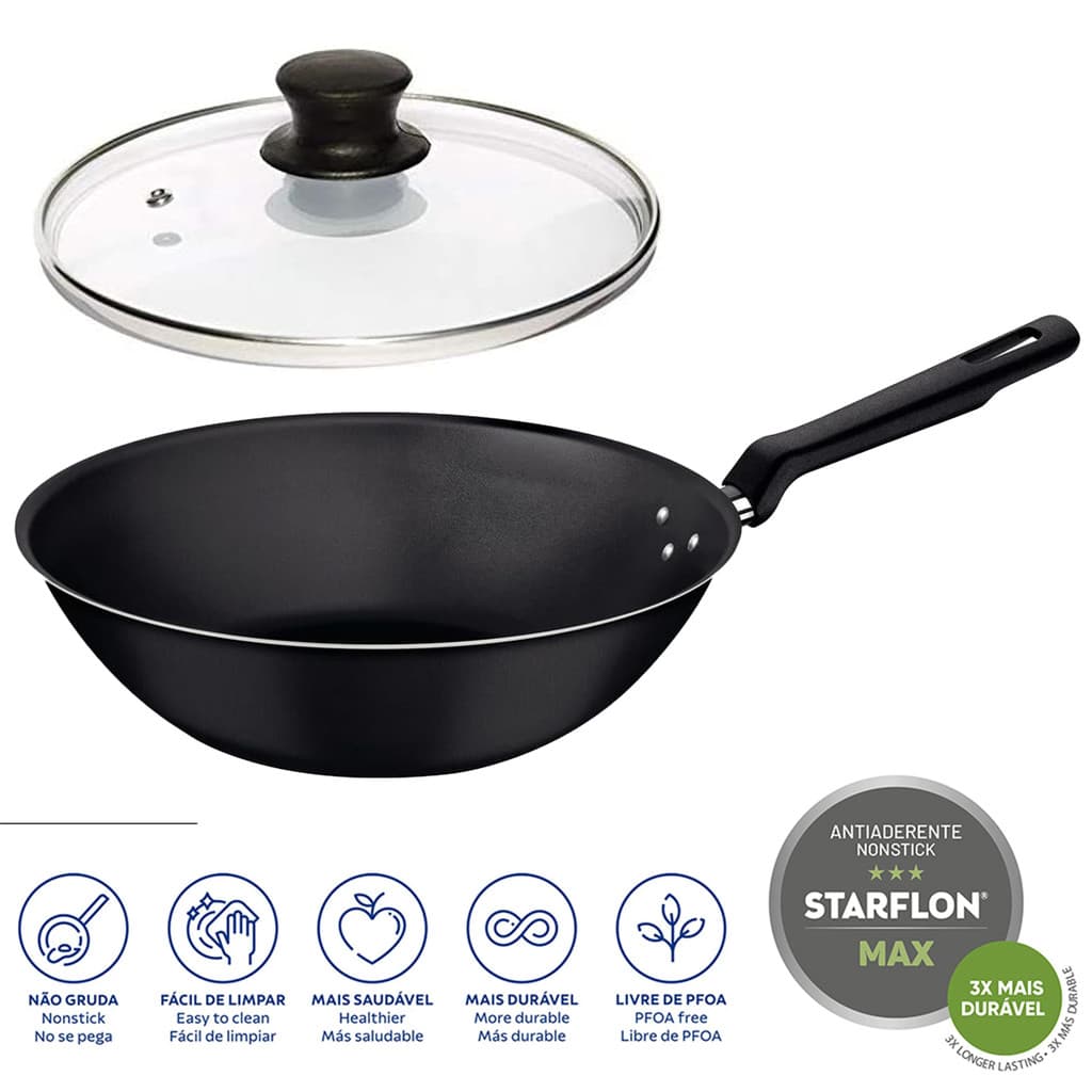 Frigideira Tramontina Wok Funda Antiaderente 28 Cm 3,6 L Loreto Com Tampa Opcional Preto Grafite