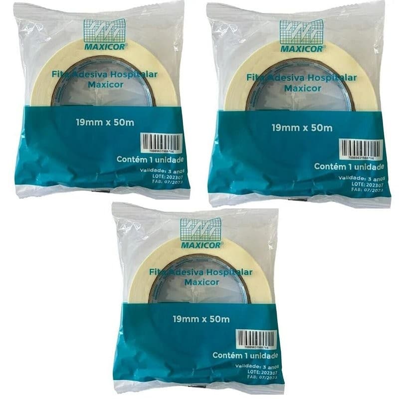 Kit C/3 Fitas Crepe Adesiva Hospitalar 19mm x 50 Metros - Maxicor
