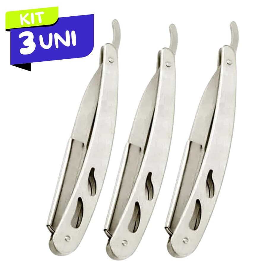 Kit 3 Navalha Navalhete Profissional Inox Barbear PRATA
