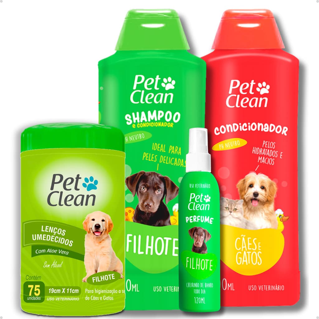 Kit Banho Pet Shop Shampoo Filhotes + Creme Condicionador + Perfume + Lenço Filhote Pet Clean