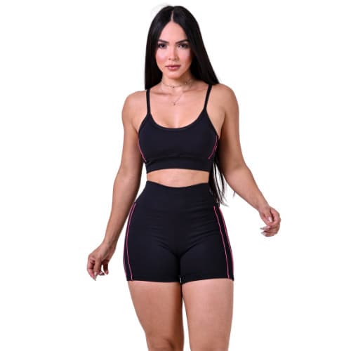 Conjunto Fitness Feminino Poliamida Preto/ Top com Bojo + Short de Cintura Alta/ Faixa Colorida/ Treino Academia Yoga