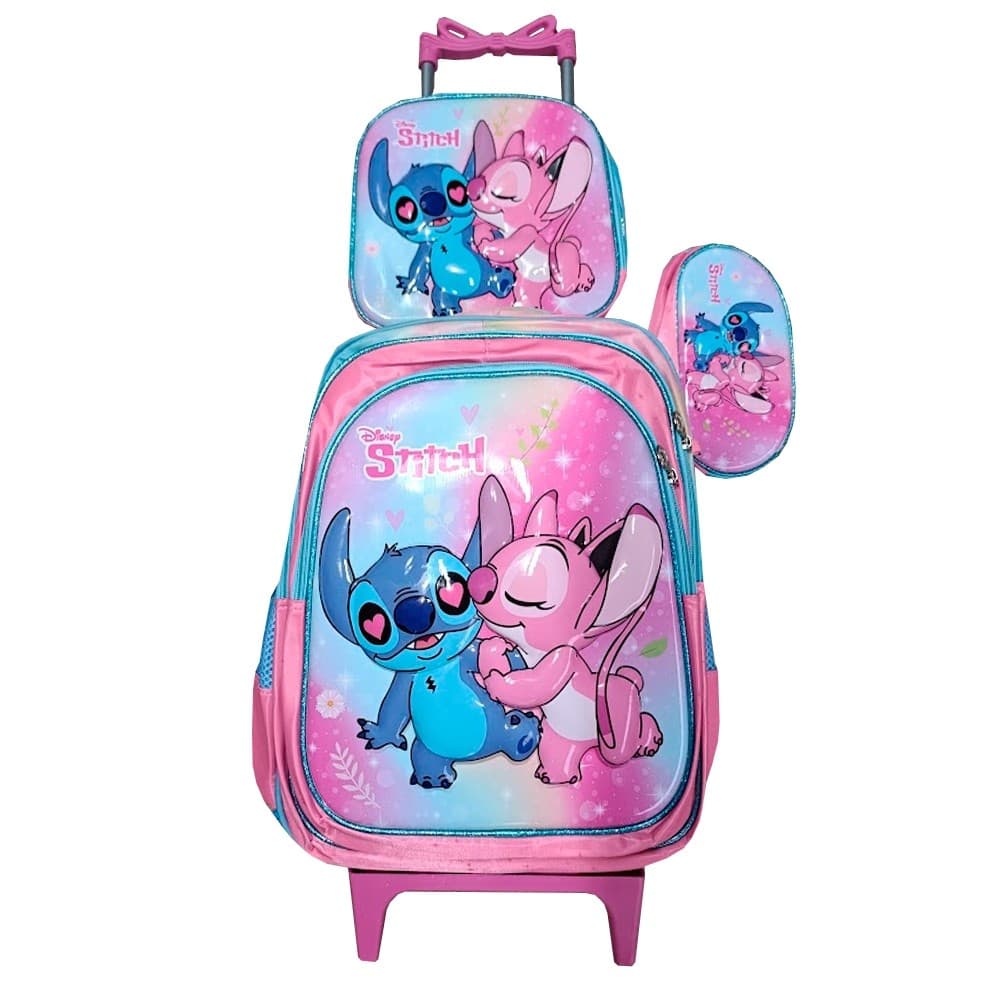 Kit Mochila Stitch e Angel Feminina em 3D com Rodinhas + Lancheira Térmica + Estojo em Alto Relevo