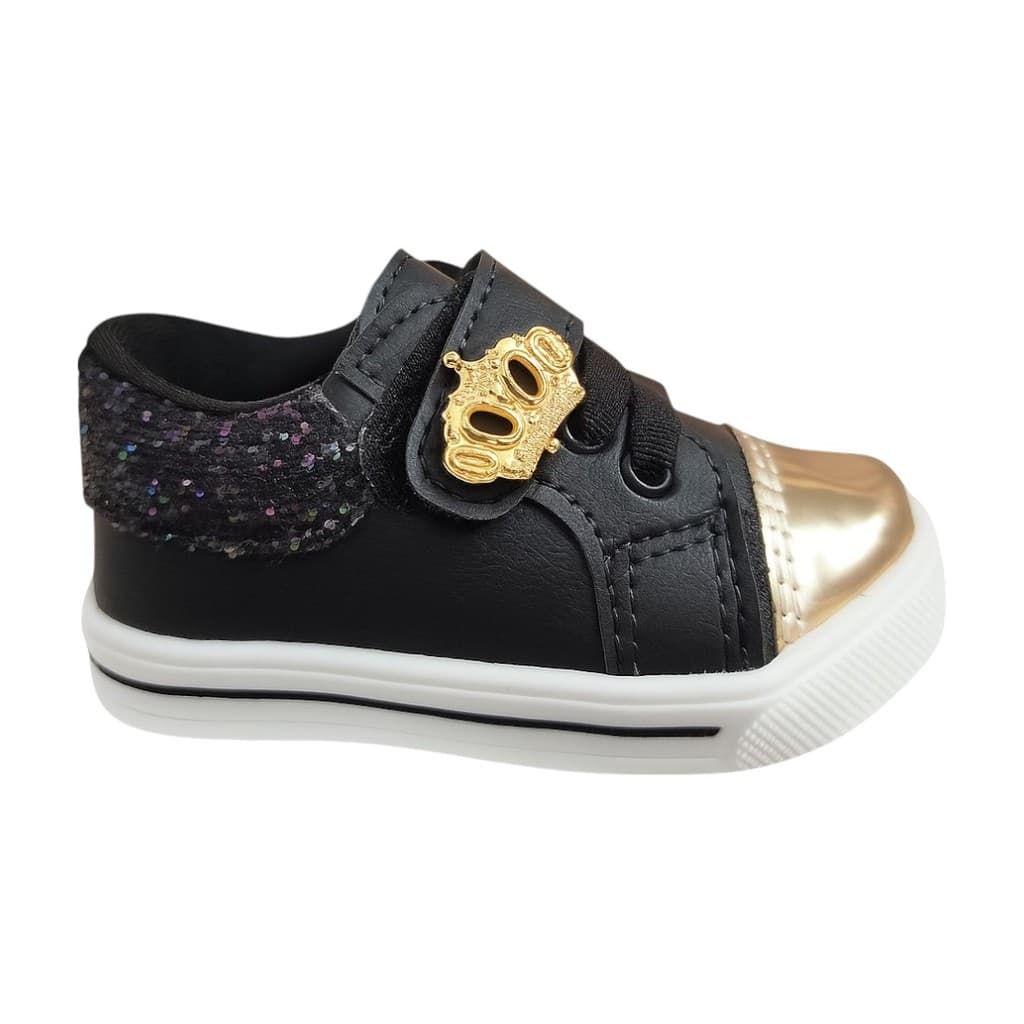 Tênis Infantil Preto Dourado Coroa Menino Menina Luxo Confortável Casual Antiderrapante Promoção