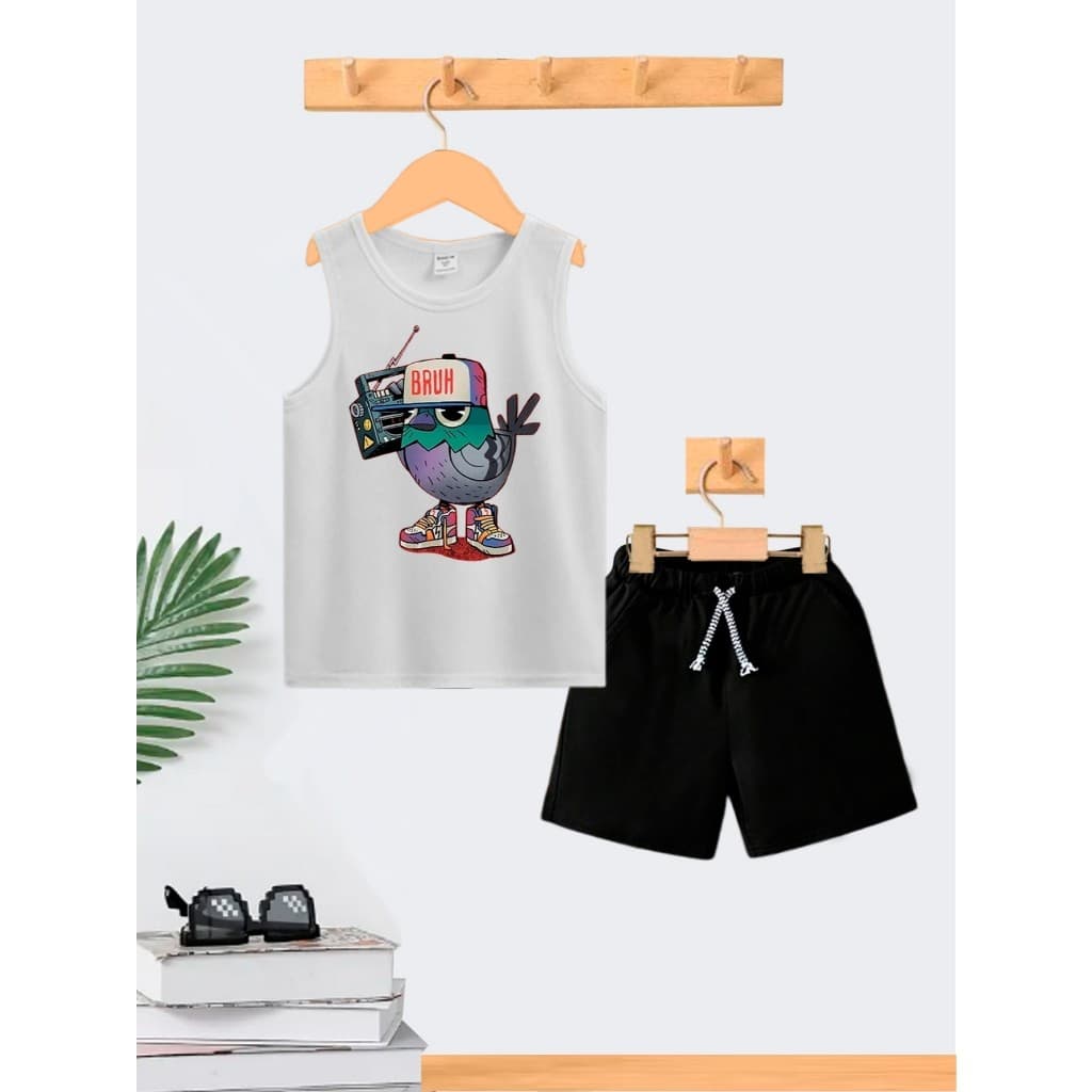 Conjunto Infantil Menino Passaro Bruh Camiseta Cavada e Bermuda Short Roupa Criança Masculino
