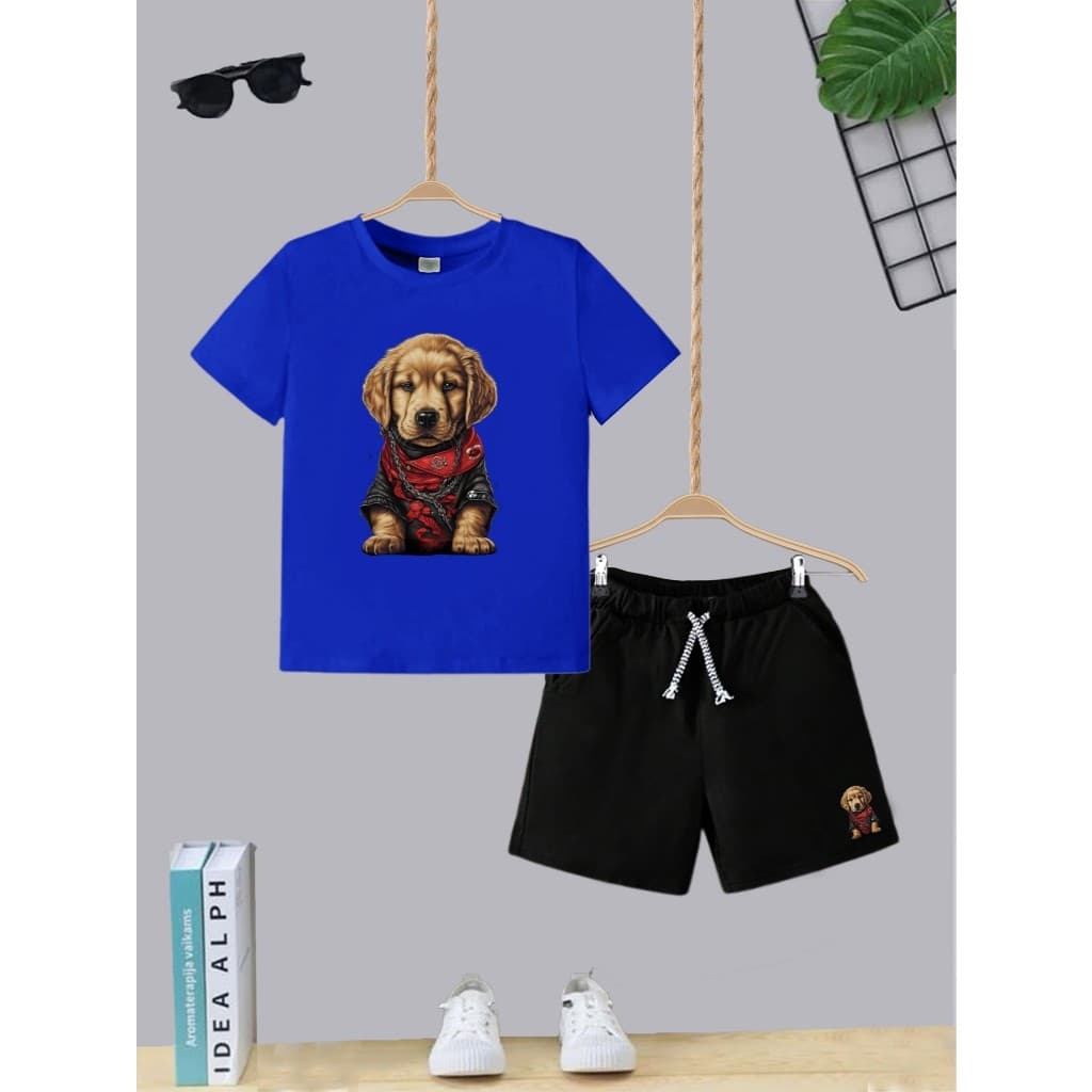 Kit Camiseta + Short com Bolso Conjunto Juvenil Infantil Algodão Confortável Dog Lenço Baby Estiloso Roupa