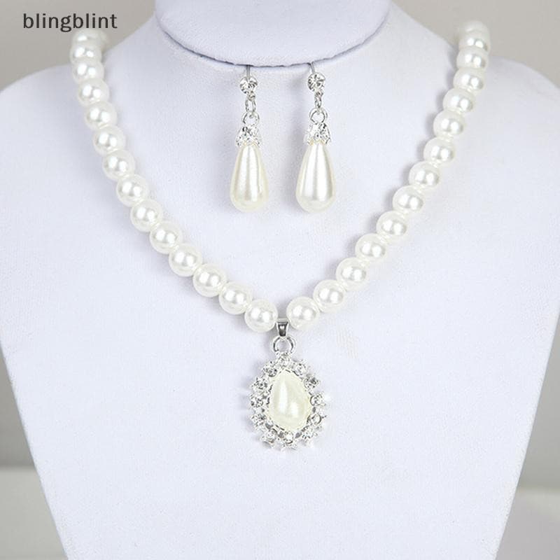 [blingblint] Elegante Pérola Cristal Brincos Corrente Colar Festa De Casamento Conjunto De Joias BR