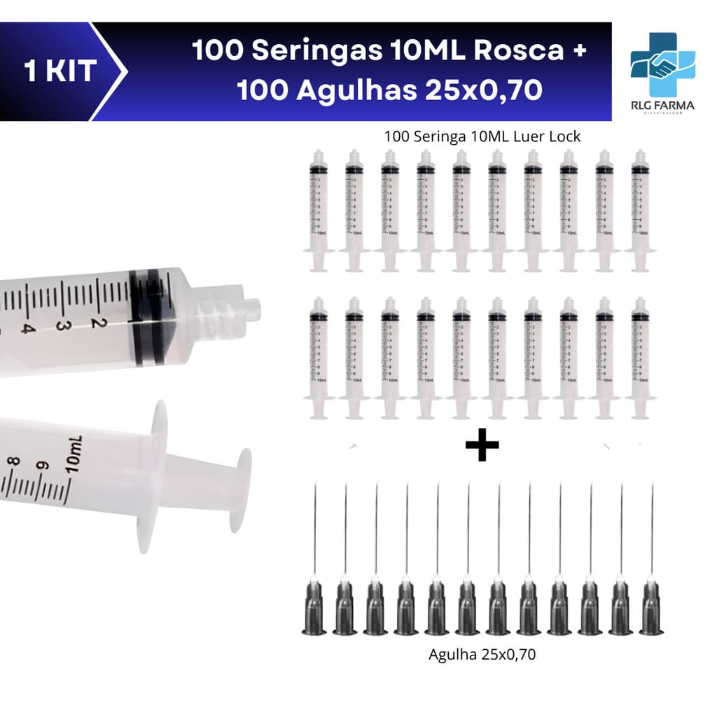 Kit Seringa 10ml Descartável com Rosca Luer Lock Mais Agulha 25x0,70mm 100 Uni cada