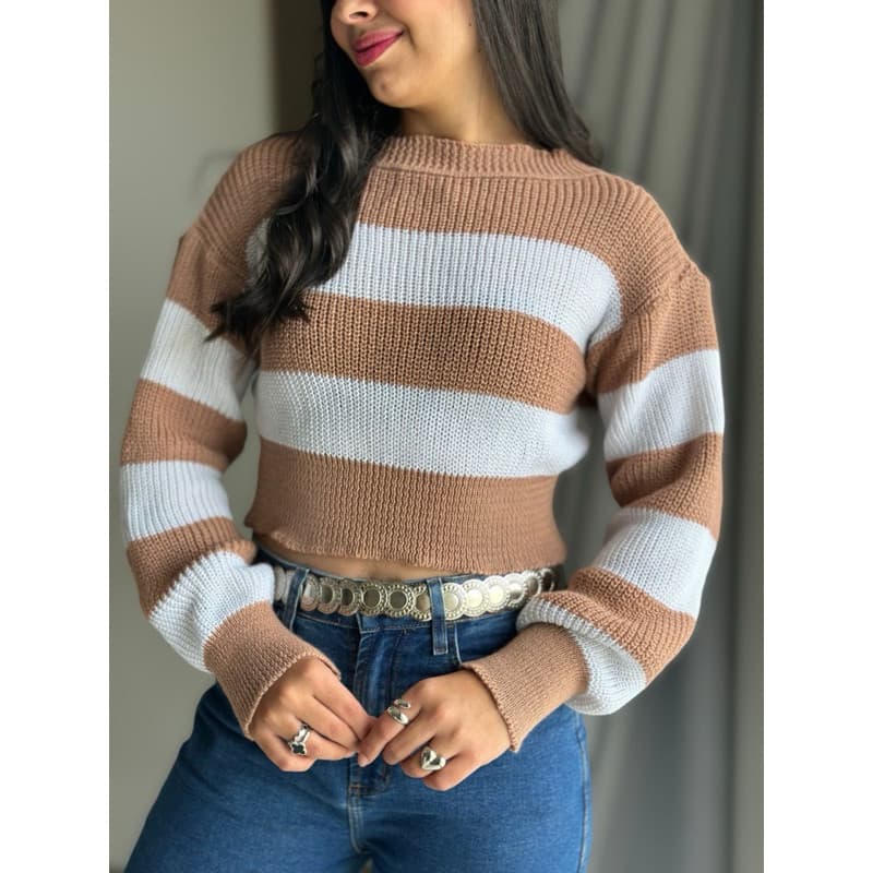 Cropped Tricot Listrado Manga Bufante Feminino Inverno KARINE Manga Longa Bloco de listra Tricô