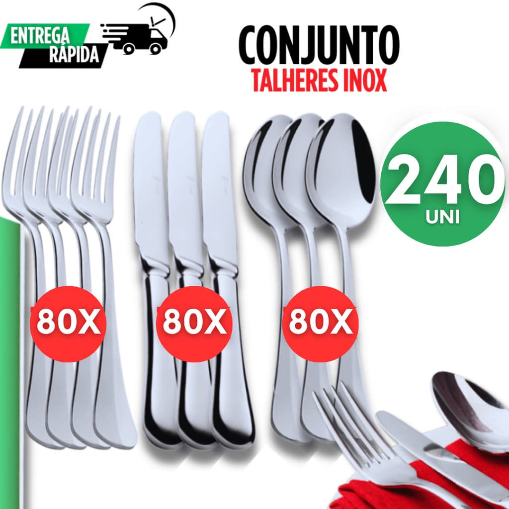 Jogo 240 Talher Talheres Inox Premium Cozinha Restaurante Buffet Qualidade Resistência Multiuso
