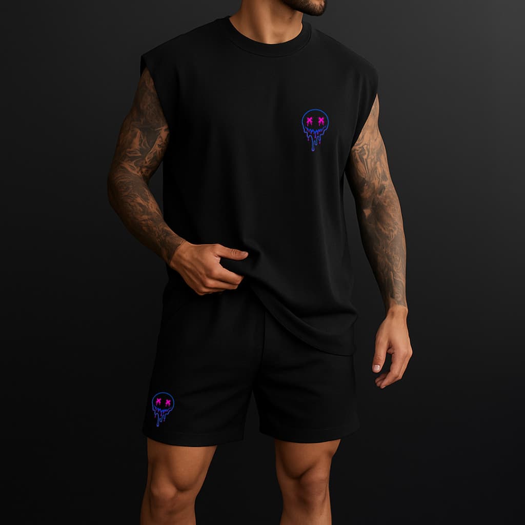 conjunto regata oversized e short de tactel de academia másculino estampada carinha deretendo