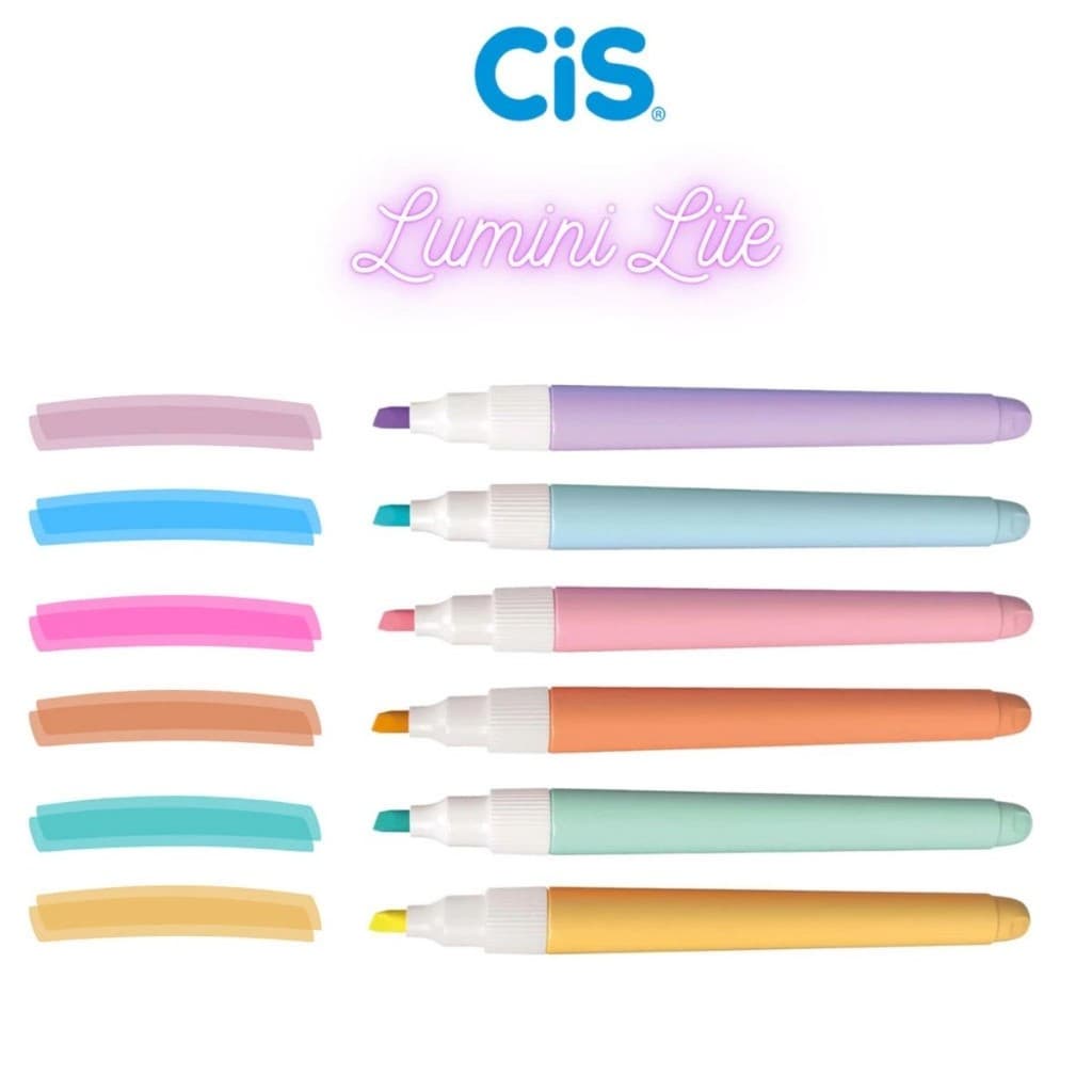 kit 6 Caneta Marca Texto Cis Lumini Lite tons Pastel - Roxo Rosa Laranja  Amarelo Verde e Azul