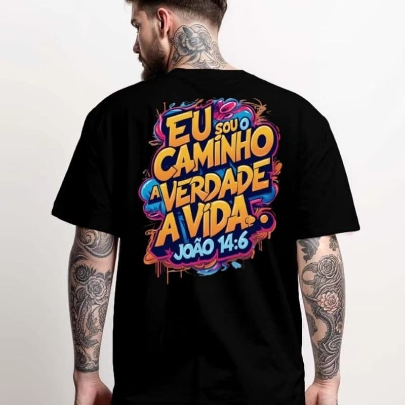 Camisa masculina algodão Camisa Cristã Unissex João 14:6 Camiseta Estampada Frente e Verso  Algodão