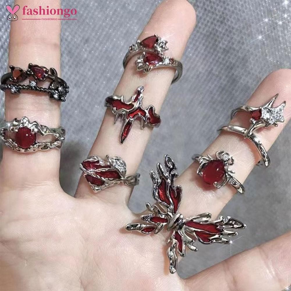 FASHIONGO Novo Punk Cruz Borboleta Irregular Cristal Vermelho Vidro Coração Anéis Estéticos Para Mulheres Y2K Gótico Ani