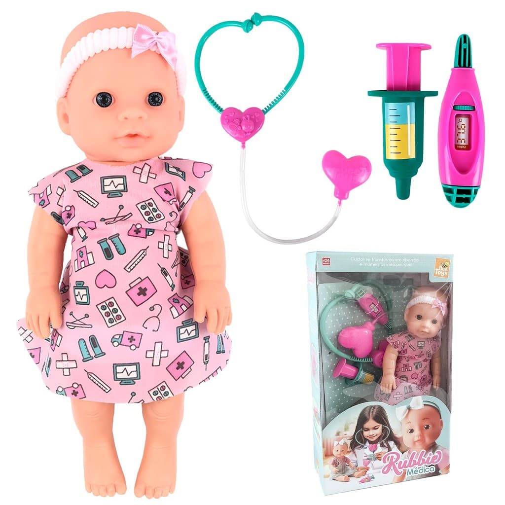 Boneca Médica Infantil Rubbie Com Estetoscópio Injeção Termômetro E Roupinha Rosa

 - Bee Toys