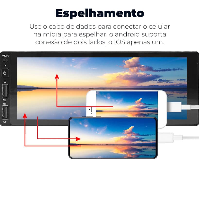 Central Multimídia 1Din Carplay Android Auto e Espelhamento